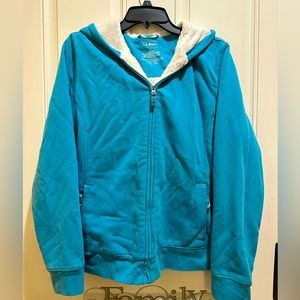 Turquoise LLBean sweat jacket with fuzzy cream lining, size L